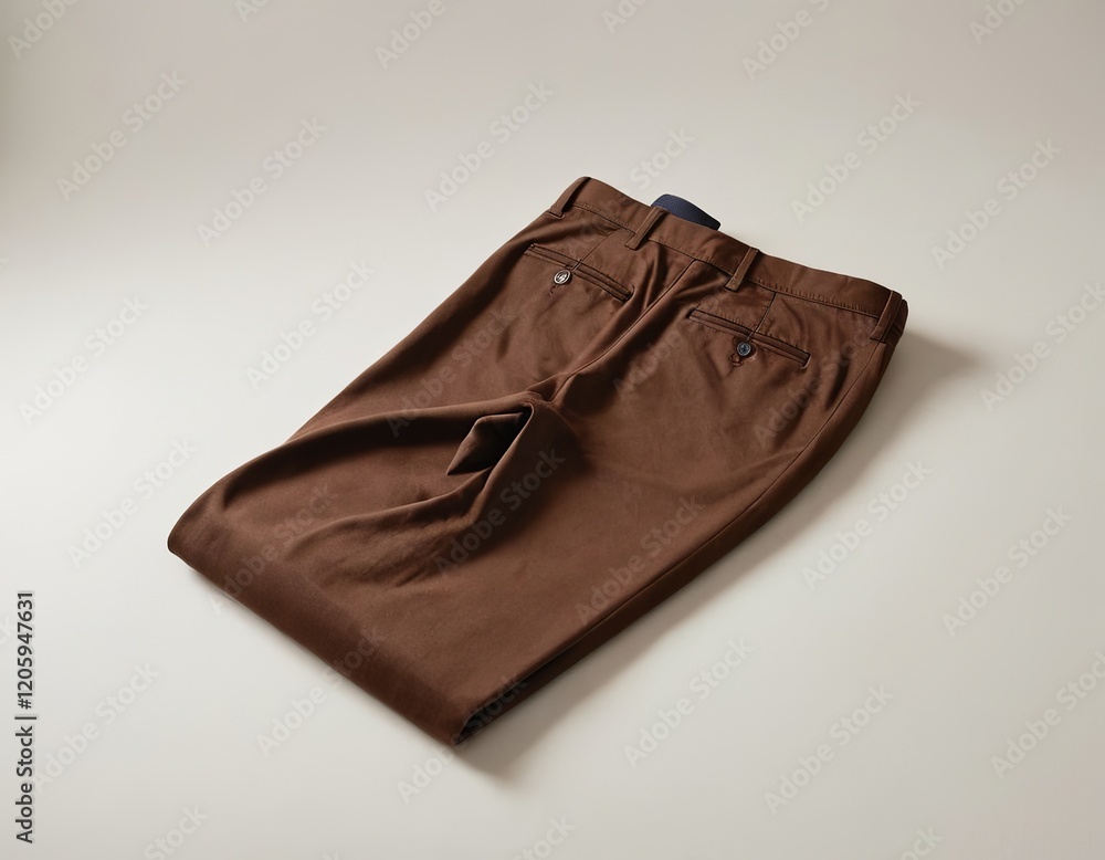 Folded brown trousers showcasing a minimalist style on a light background. Folded brown trousers showcasing a minimalist style on a light background.