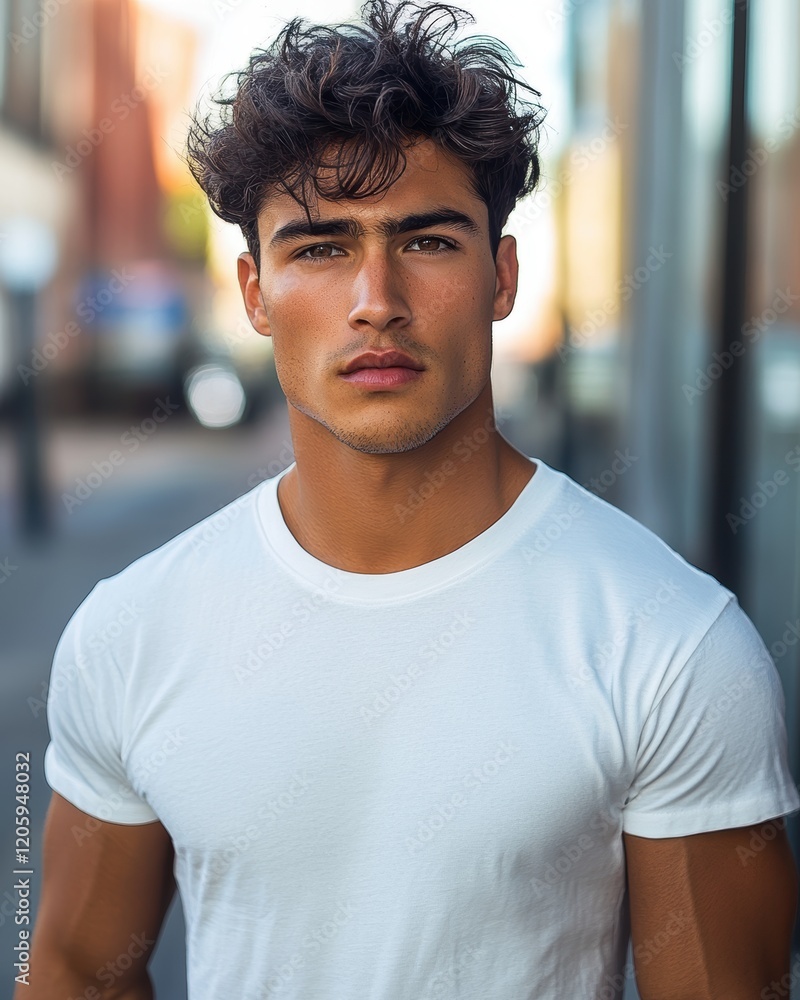 Handsome latino male model posing in city street wearing white t shirt Handsome latino male model posing in city street wearing white t shirt