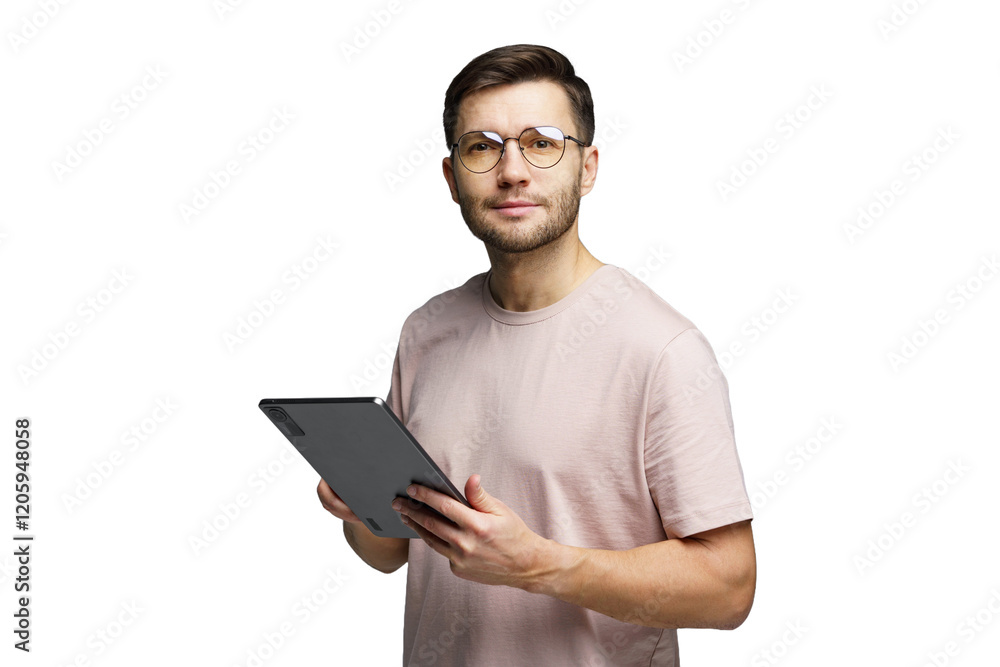 Young man with glasses holding a tablet and smiling, indoors in a bright setting Young man with glasses holding a tablet and smiling, indoors in a bright setting