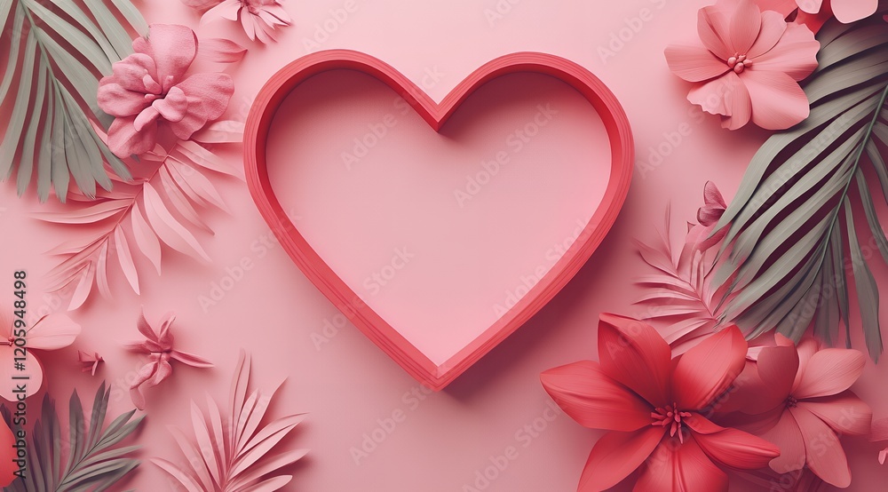 Obraz premium Romantic Pink Heart Frame with Paper Flowers and Tropical Leaves
