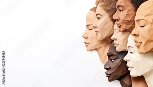 Diverse faces in profile, polygonal style, on white background.