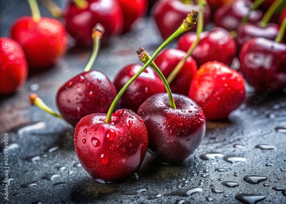 Fresh Juicy Cherries on Rustic Grey Stone Background - Summer Fruit Photography Fresh Juicy Cherries on Rustic Grey Stone Background - Summer Fruit Photography