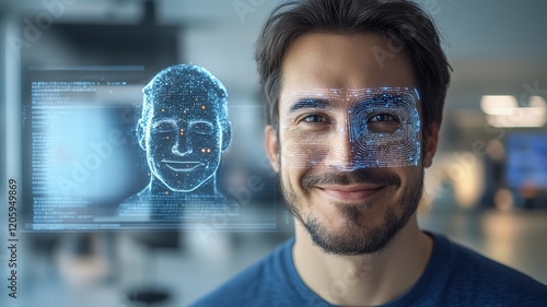 Smiling man with digital facial recognition overlay in a modern office environment emphasizing AI identification systems.