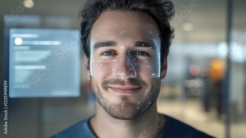 Close-up of a man with facial mapping technology showcasing biometric recognition in a professional setting.