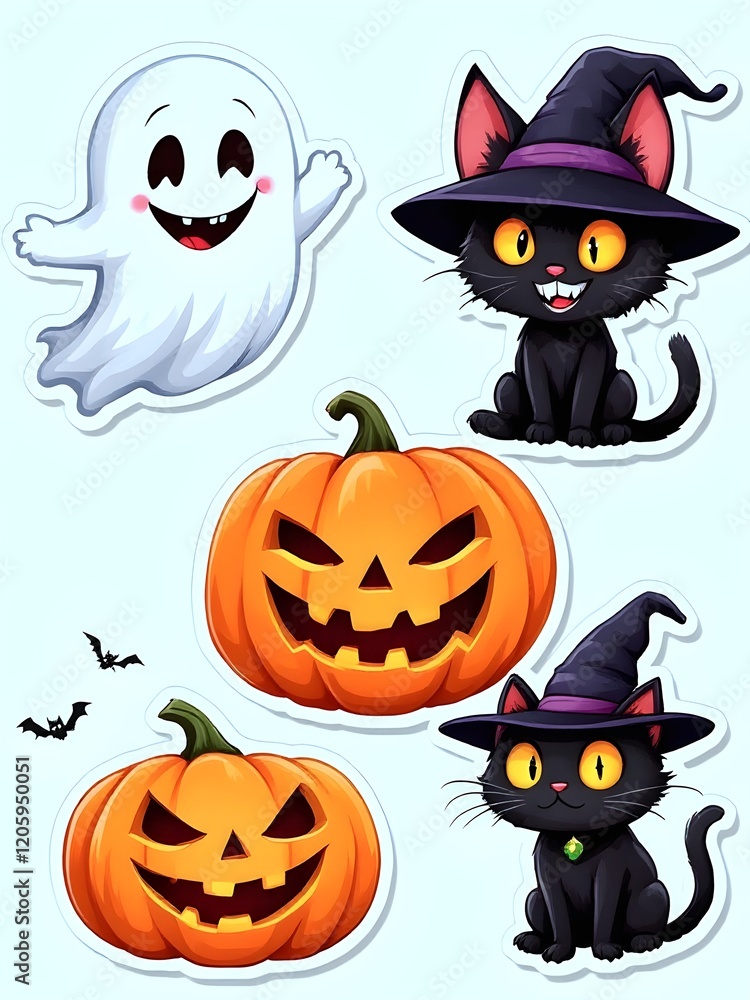 Ghostly Creature Stickers: A cheerful ghost, a smiling pumpkin, a glowing skull, a playful bat and a cute witch Ghostly Creature Stickers: A cheerful ghost, a smiling pumpkin, a glowing skull, a playful bat and a cute witch