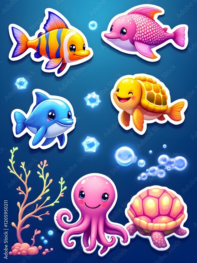 Underwater animal stickers: A glowing shark, a smiling starfish, a magical jellyfish, a vibrant clownfish and a cheerful dolphin Underwater animal stickers: A glowing shark, a smiling starfish, a magical jellyfish, a vibrant clownfish and a cheerful dolphin