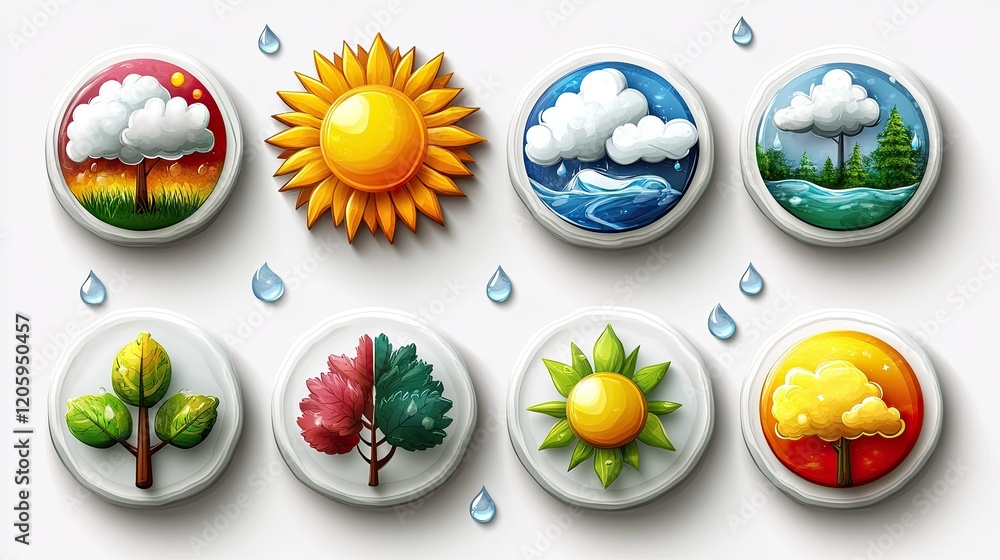 A collection of colorful weather and nature icons representing different seasons and elements. A collection of colorful weather and nature icons representing different seasons and elements.