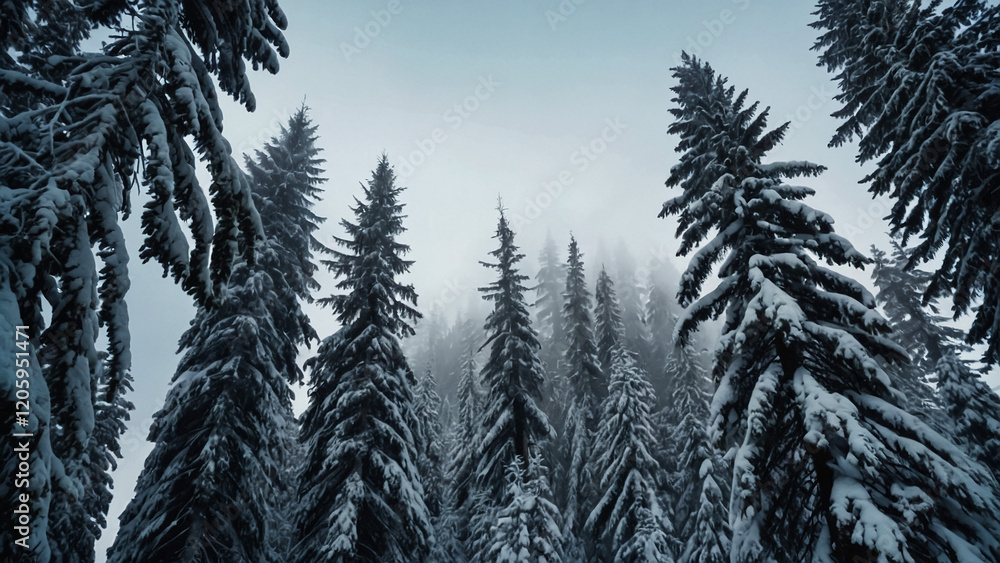 Obraz premium Hiking with snowshoes in Swiss Alps during white winter day; snowy forest in mountains