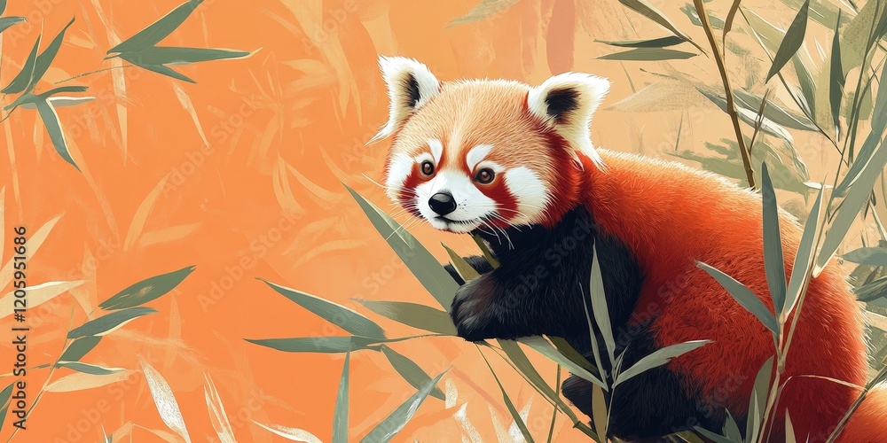 A red panda climbing a bamboo stalk against a warm pastel background, symbolizing wildlife conservation and habitat preservation. Perfect for awareness campaigns and nature-themed designs. A red panda climbing a bamboo stalk against a warm pastel background, symbolizing wildlife conservation and habitat preservation. Perfect for awareness campaigns and nature-themed designs.