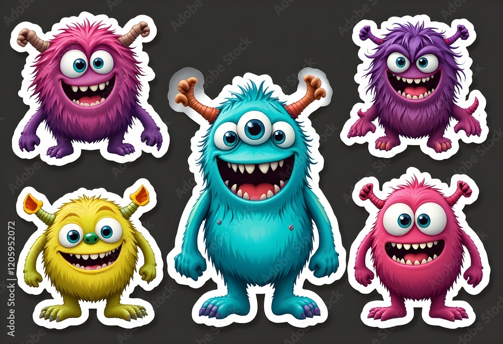 Fototapeta premium Funny Monster Stickers: Smiling Furry Monsters