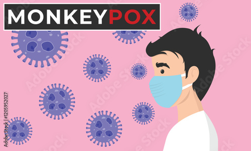 Monkeypox outbreak concept banner. Infected man from monkey flat illustration. Monkeypox on human skin. man wearing health mask