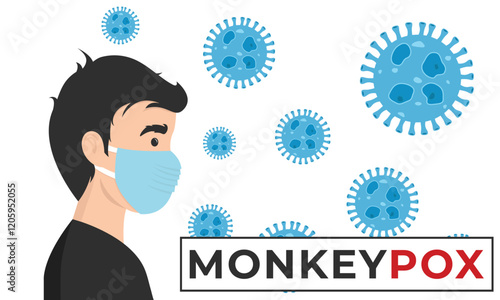 Monkeypox outbreak concept banner. Infected man from monkey flat illustration. Monkeypox on human skin. man wearing health mask photo