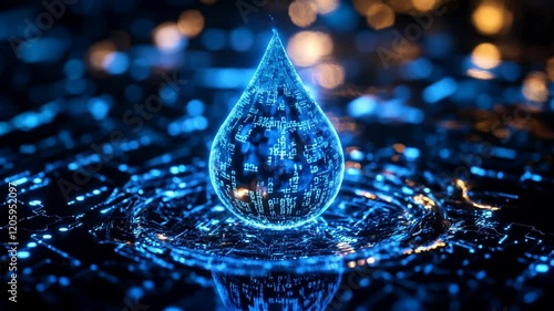 A glowing digital water drop symbolizing AI-driven water conservation. Ideal for tech, sustainability, and environmental innovation projects.