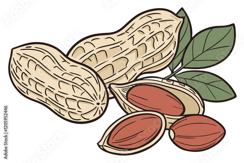 Photorealistic peanuts, whole and cracked open shells, red peanut kernels, green peanut leaves, high detail, studio lighting, white background,