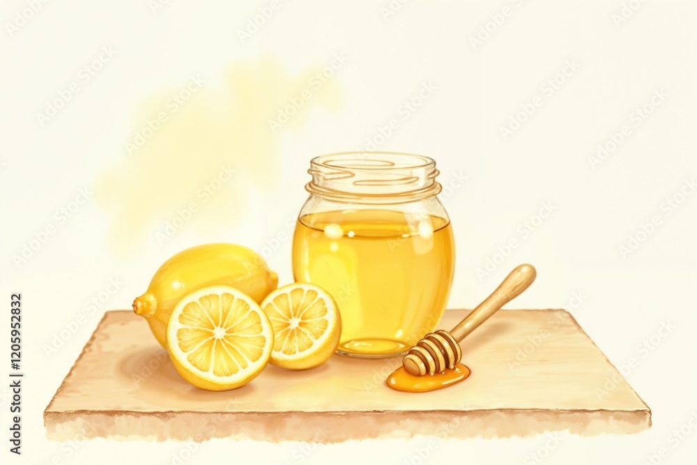 Honey with lemon slices and whole lemon, rich in vitamin C for wellness Honey with lemon slices and whole lemon, rich in vitamin C for wellness