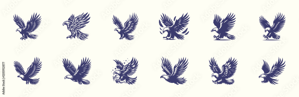 Fototapeta premium Set of bald eagle, silhouette, vector illustration