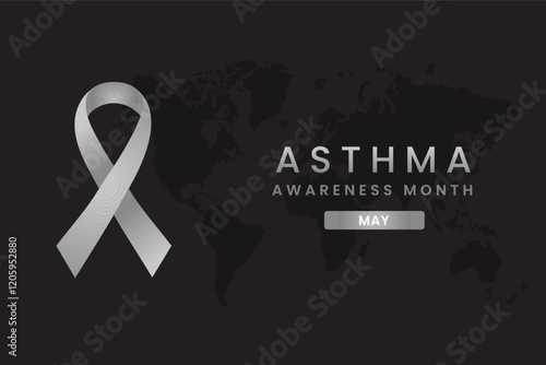 Asthma awareness illustration on Dark gray background with Gray color ribbon.