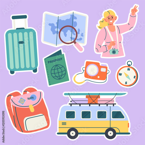 Set of stickers travel hand drawn with woman