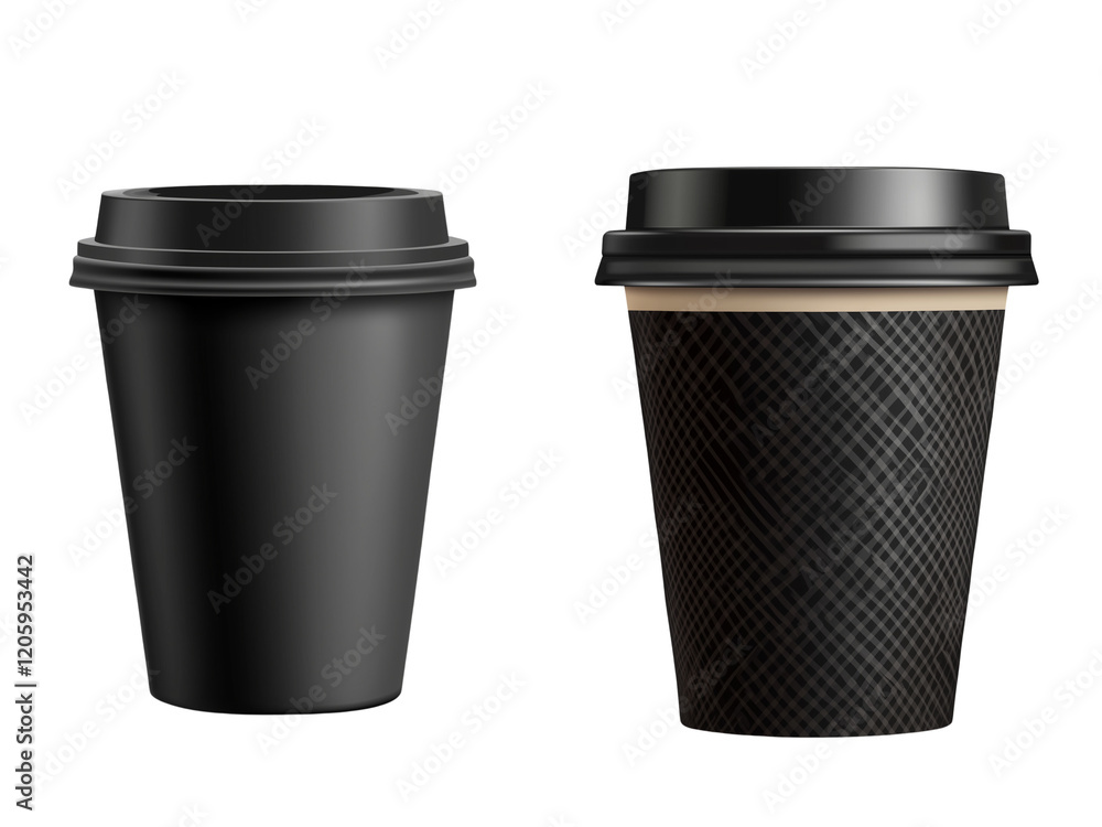 Set of a Black paper coffee cup with lid, isolated on transparent background. Set of a Black paper coffee cup with lid, isolated on transparent background.