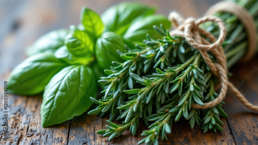 Bunch of fresh basil with rope tied around it on wooden tabletop. Bunch of fresh basil with rope tied around it on wooden tabletop.