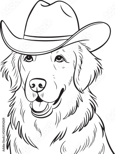 Golden Retriever in Cowboy Hat Line Art silhouette Illustration for Coloring | Line art drawing of a golden retriever dog wearing a cowboy hat, perfect for coloring books or creative projects.