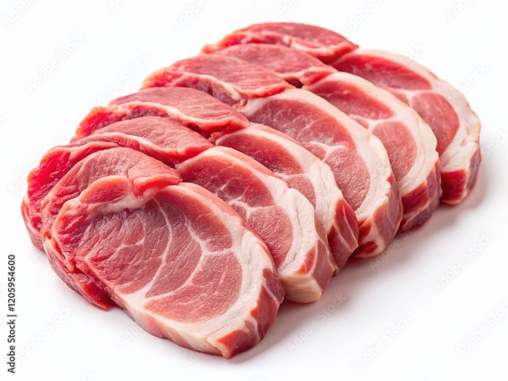 Fresh Sliced Pork, Raw Meat, Butcher Cut, High-Resolution Food Photography, White Background Fresh Sliced Pork, Raw Meat, Butcher Cut, High-Resolution Food Photography, White Background