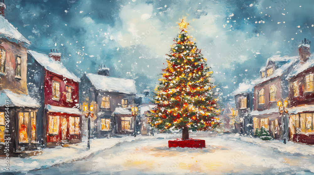 Fototapeta premium Winter landscape in the forest. Winter in the village. Christmas tree in the city. Landscape with christmas tree. Christmas tree in the snow