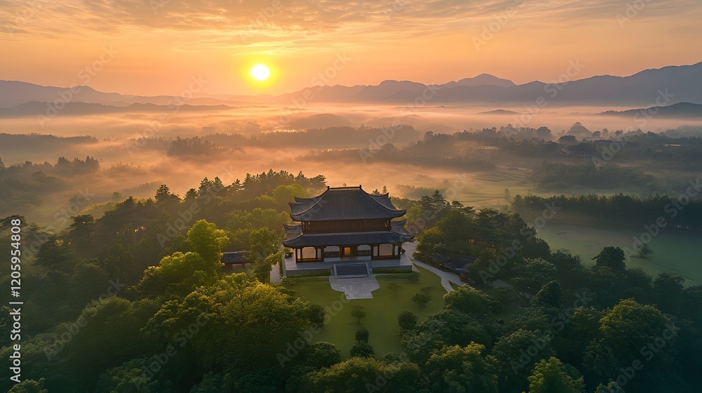 Obraz premium Sunrise Over Misty Mountains And Tranquil Temple