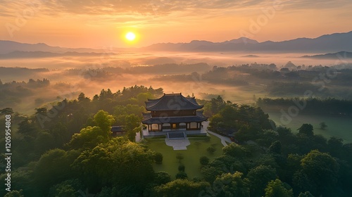 Wallpaper Mural Sunrise Over Misty Mountains And Tranquil Temple Torontodigital.ca