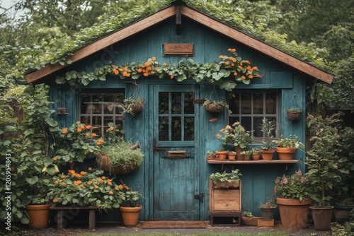 A garden tool shed with freshly used grass-cutting equipment. photo