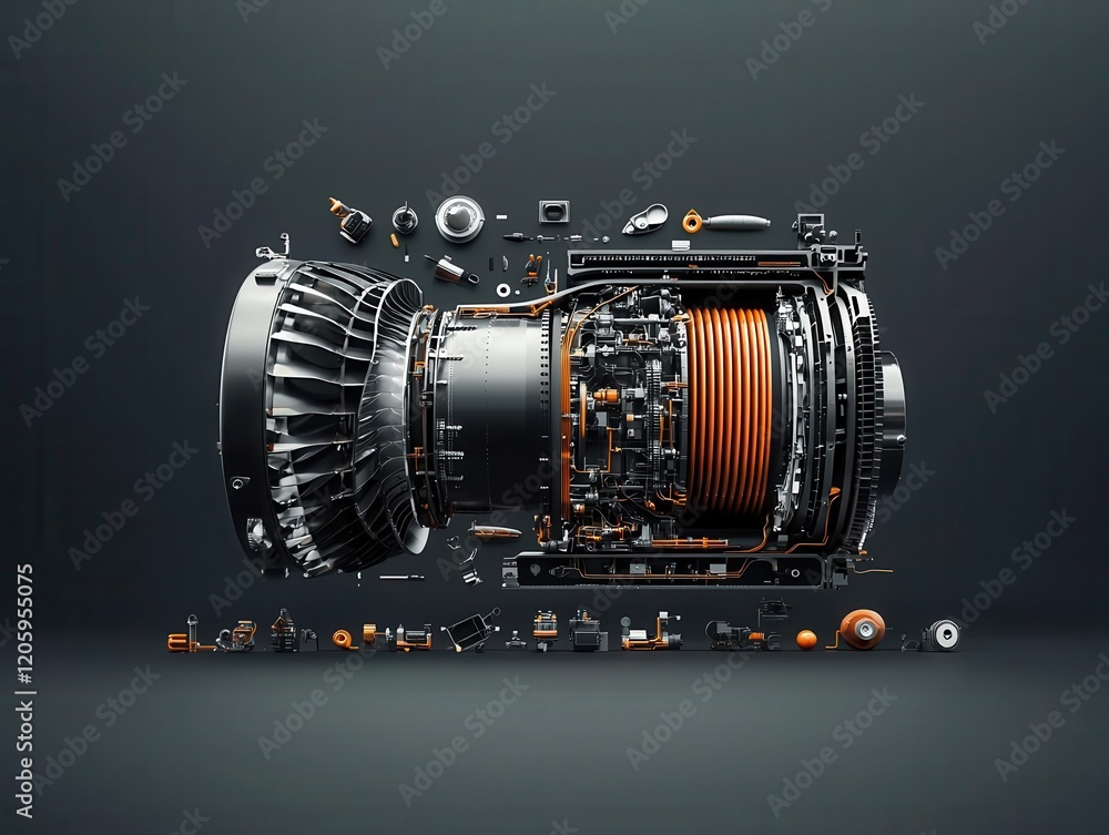 Crosssection of a turbofan jet engine with bypass ratio and efficiency details, jet engine, turbofan, crosssection Crosssection of a turbofan jet engine with bypass ratio and efficiency details, jet engine, turbofan, crosssection