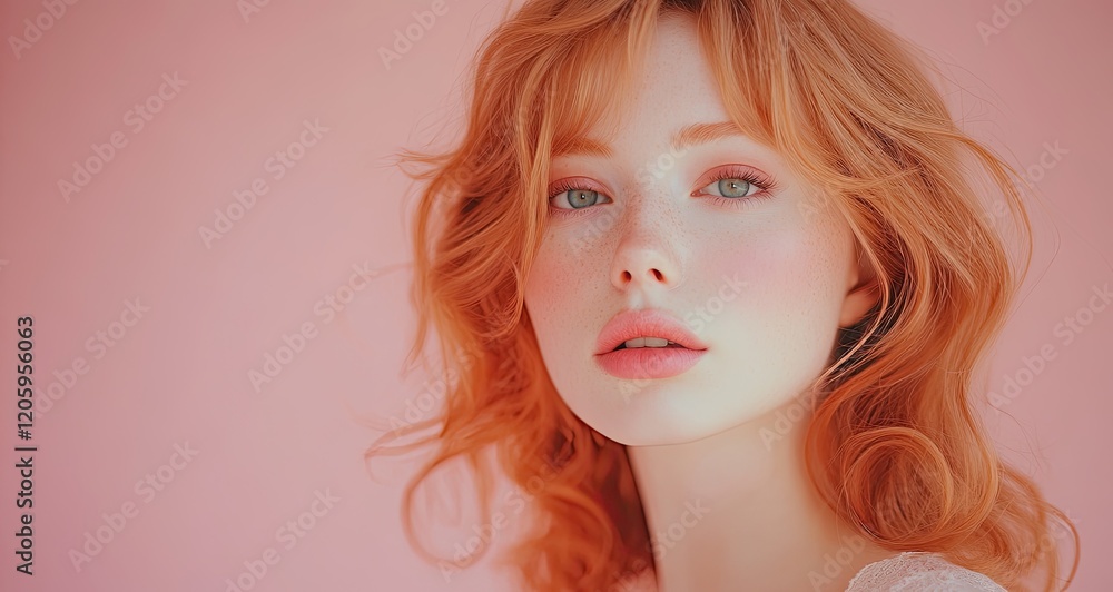 A beautiful woman with long, wavy red hair and blue eyes poses for the camera against a pink background A beautiful woman with long, wavy red hair and blue eyes poses for the camera against a pink background