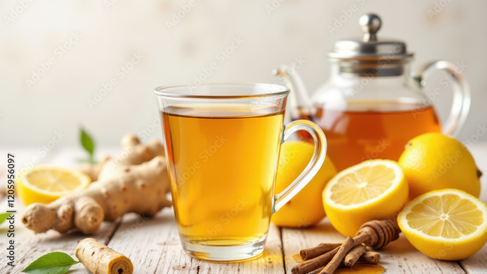 A revitalizing cup of ginger lemon honey tea with whole ingredients on a rustic table. A revitalizing cup of ginger lemon honey tea with whole ingredients on a rustic table.