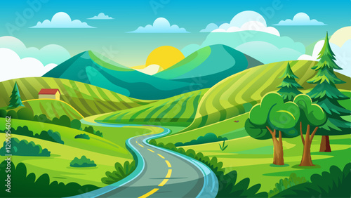 Landscape with road green hill and green grass on white background, banner. Rolling Hills. Illustration