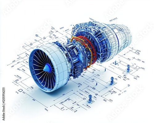 Isometric blueprint of a highbypass turbofan jet engine with intricate mechanical details, jet engine, blueprint, isometric