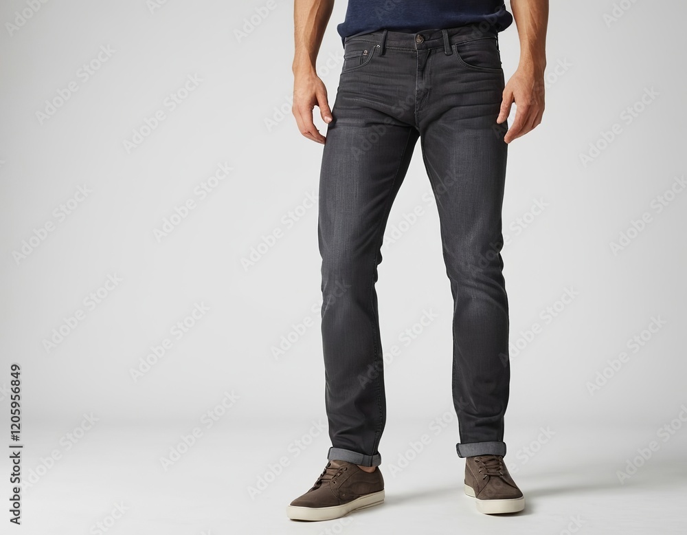 Stylish male model showcasing fitted dark jeans and casual sneakers against a neutral background. Stylish male model showcasing fitted dark jeans and casual sneakers against a neutral background.