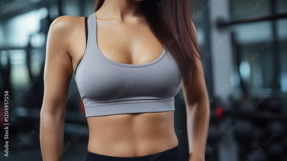 Athletic woman in a sparkly crop top posing in a gym environment. Athletic woman in a sparkly crop top posing in a gym environment.