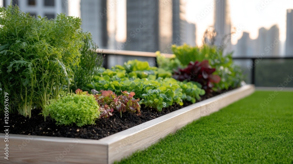Fototapeta premium Urban rooftop garden with fresh vegetables and herbs in modern city setting
