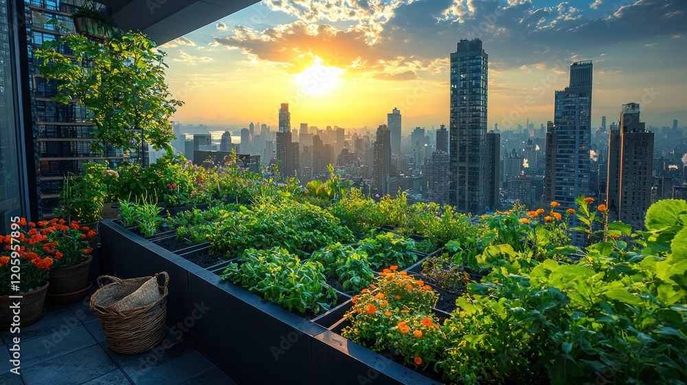 Fototapeta premium Urban Rooftop Garden at Sunset with Vibrant Plants and City Skyline in Background