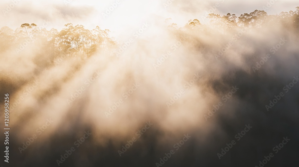 Fototapeta premium Sunlit Forest Trees Hidden in Morning Mist