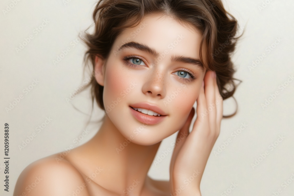 Elegant Beauty Portrait of Young Woman with Freckles and Soft Smile Against Minimal Light Background Elegant Beauty Portrait of Young Woman with Freckles and Soft Smile Against Minimal Light Background