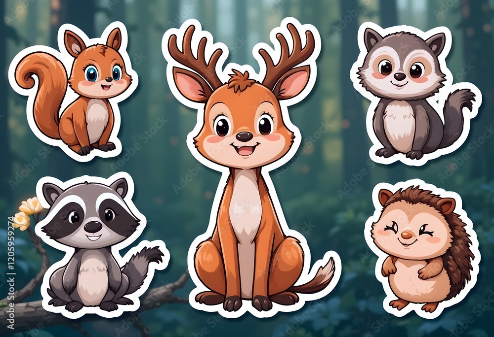 Obraz premium Forest animal stickers: A playful squirrel, a smiling deer, a vibrant raccoon, a charming owl and a cute hedgehog - 02