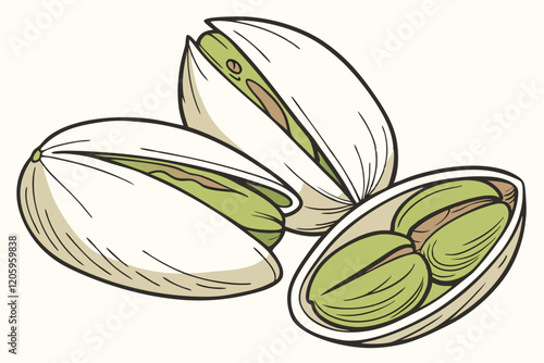 Photorealistic pistachios, extreme close-up, creamy shells, vibrant green nuts, partially open, dramatic lighting, high contrast, white background, food photography