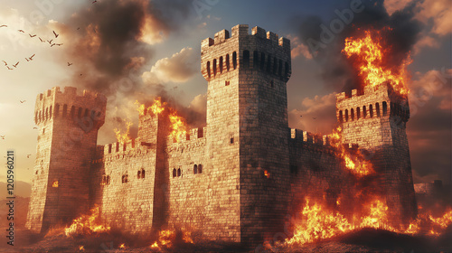 Vintage siege of old castle in the city. Landmark medieval castle view with great walls. Medieval castle in the town countryside on fire. Tower of belem city destruction 