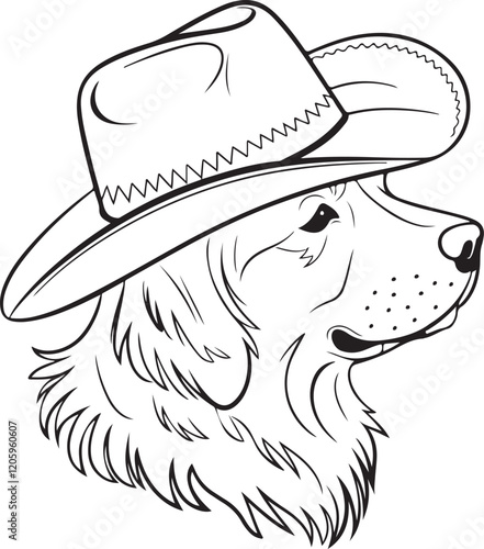 Golden Retriever in Cowboy Hat Line Art silhouette Illustration for Coloring | Line art drawing of a golden retriever dog wearing a cowboy hat, perfect for coloring books or creative projects.