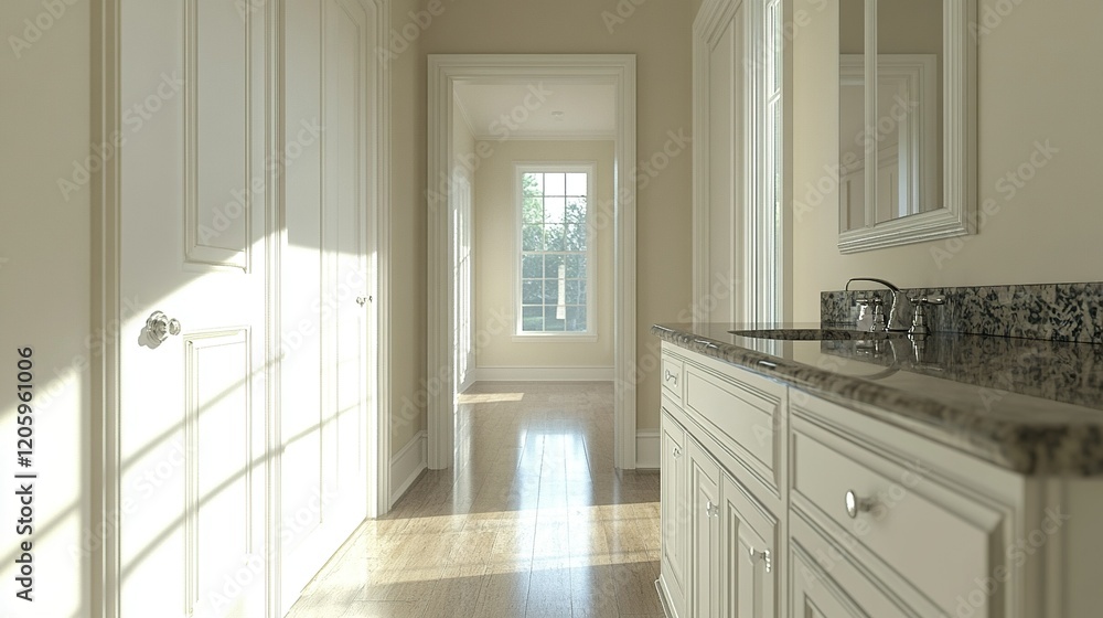 Fototapeta premium Hallway bathroom vanity, sunny window view, home interior