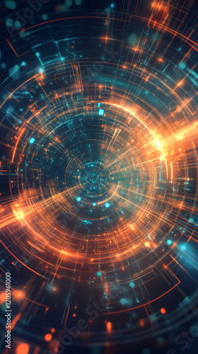 Wallpaper Mural Orange and teal digital data stream flowing in a circular motion, creating a tunnel effect, symbolizing information technology and futuristic concepts Torontodigital.ca