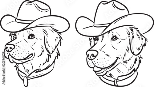 Golden Retriever in Cowboy Hat Line Art silhouette Illustration for Coloring | Line art drawing of a golden retriever dog wearing a cowboy hat, perfect for coloring books or creative projects.