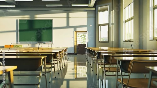 Sunlit empty classroom with rows of desks and a chalkboard, ideal, educational and commercial use in slow motion videos