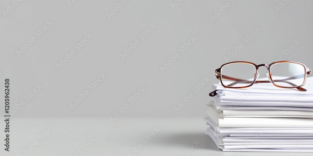 Glasses resting on stack of documents against neutral background Glasses resting on stack of documents against neutral background